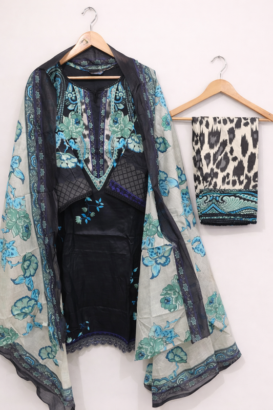 Black Blue Printed Kurta Set with Dupatta for Women