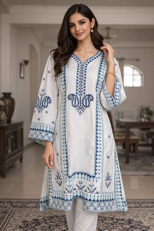 White & Blue Embroidered Kurta Set with Dupatta