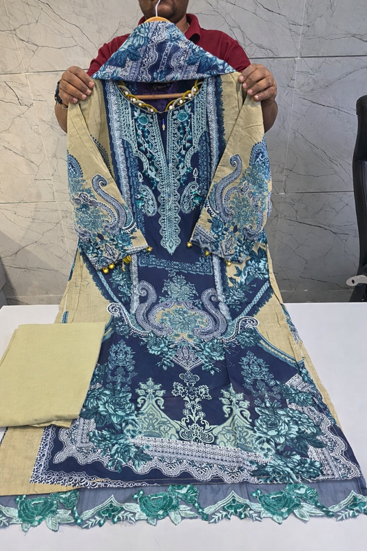 Dark Blue Pakistani Cotton Suit Set with Dupatta