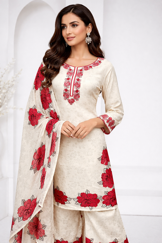 Cream Satin Floral Suit Set