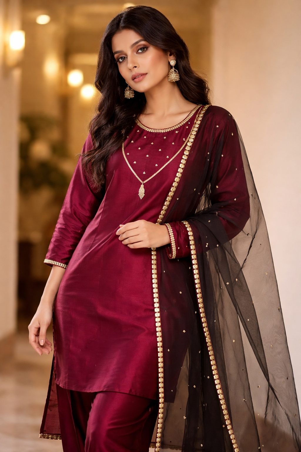 Wine Silk Kurta Pant Set with Organza Dupatta & elegant zari embroidery