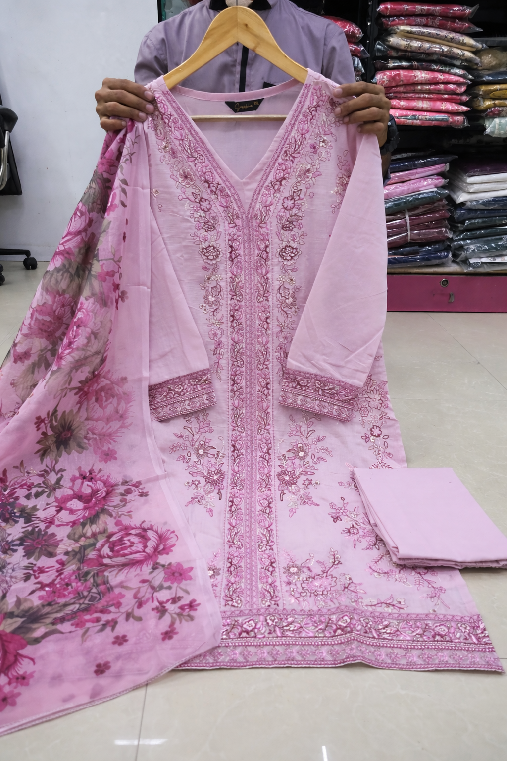 Pink Floral Cotton Kurti Pant Dupatta