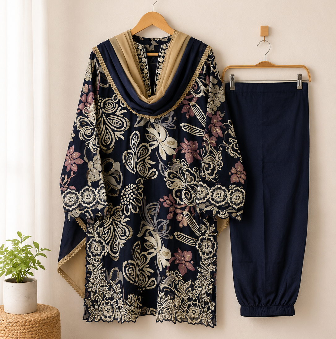 Ink Blue- Floral Cutwork Suit Set