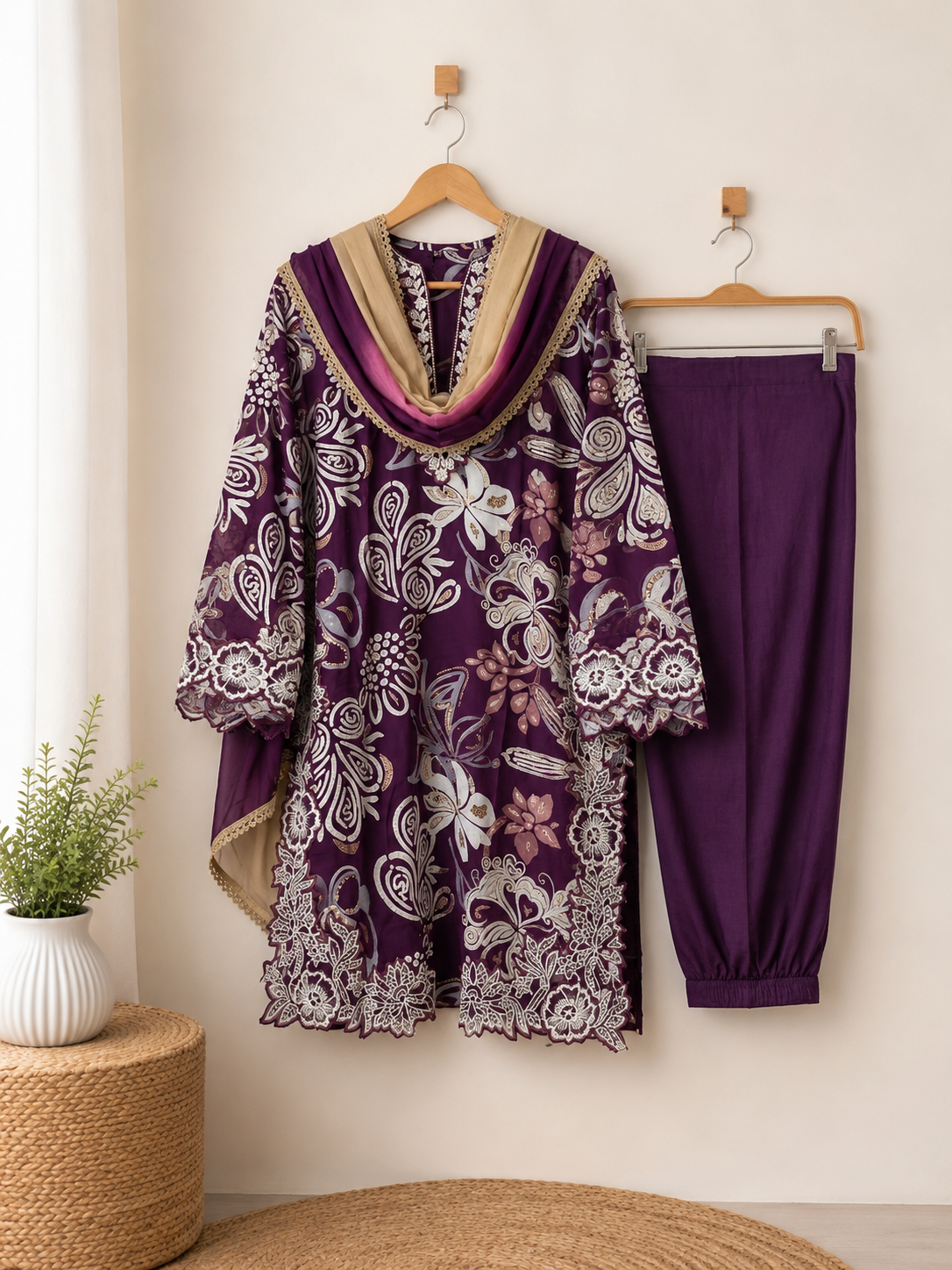 Royal Plum- Floral Cutwork Suit Set