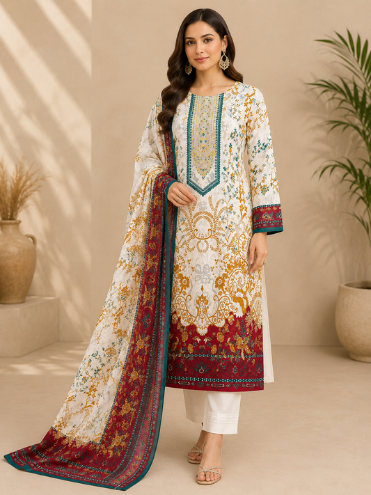 Gulnaar red Unstitched Suit