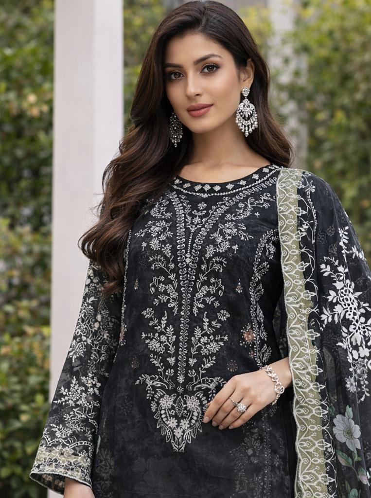 Black Cotton Pakistani Suit with Embroidery