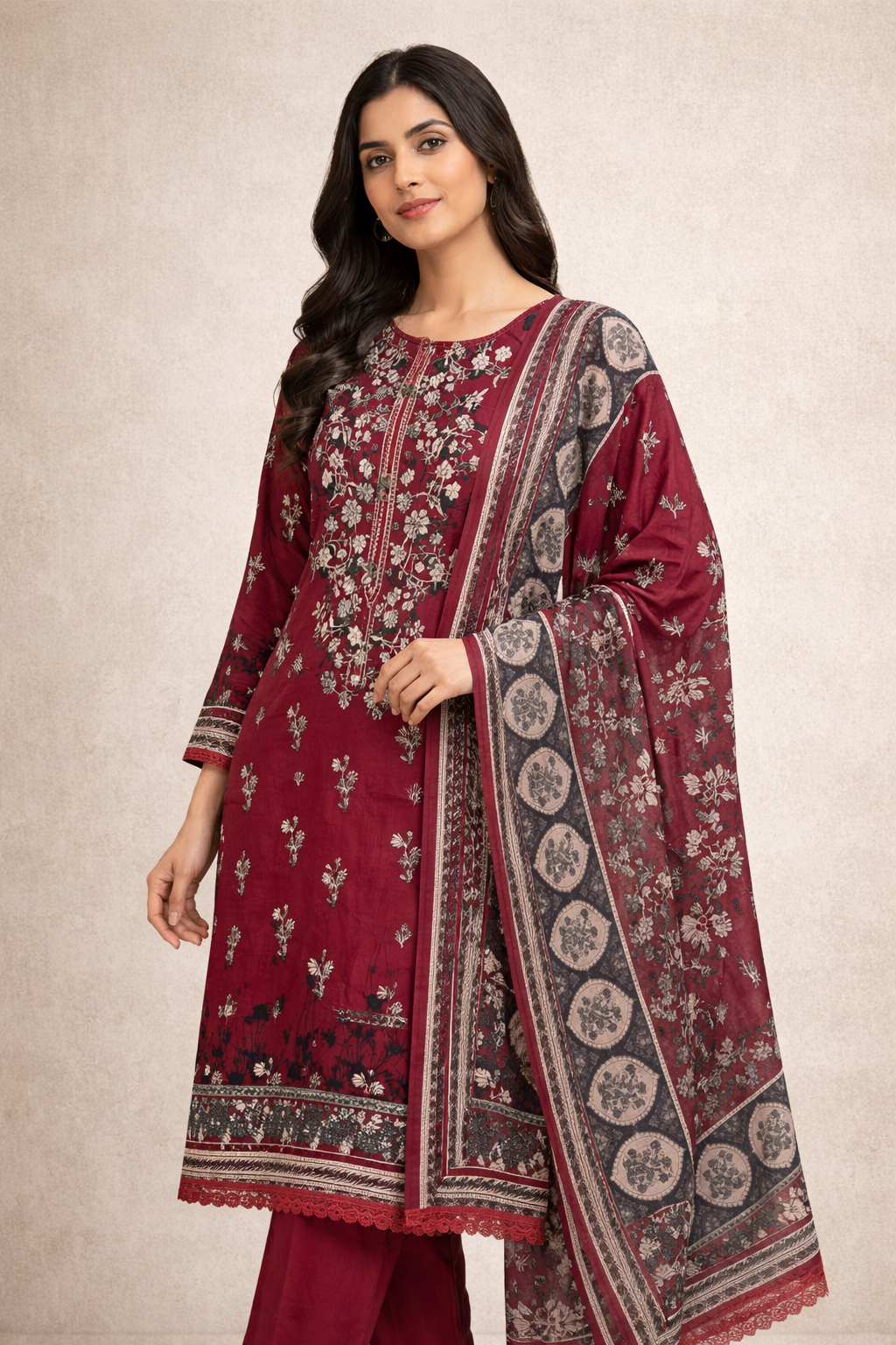 Maroon Cotton Printed lawn Suit Set