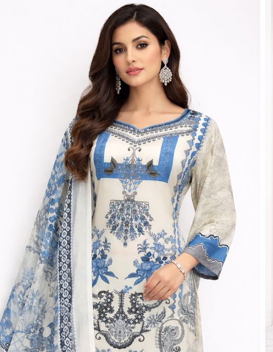 Blue Off White Satin Pakistani Suit with Printed Dupatta