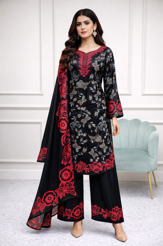 Black Satin Floral Kurti Pant Dupatta Set