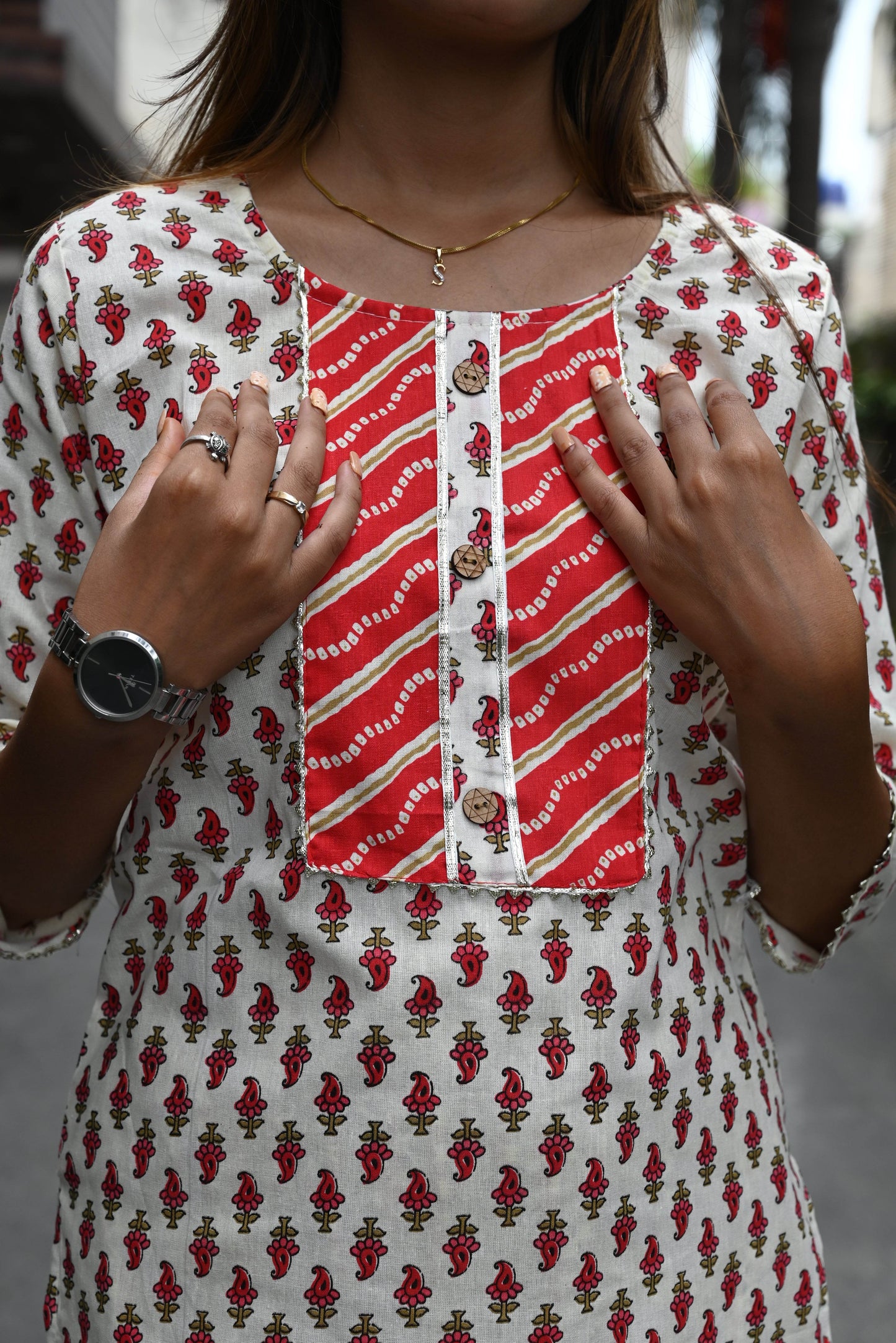 Red chunri design cotton kurti pant set - CandiRobes