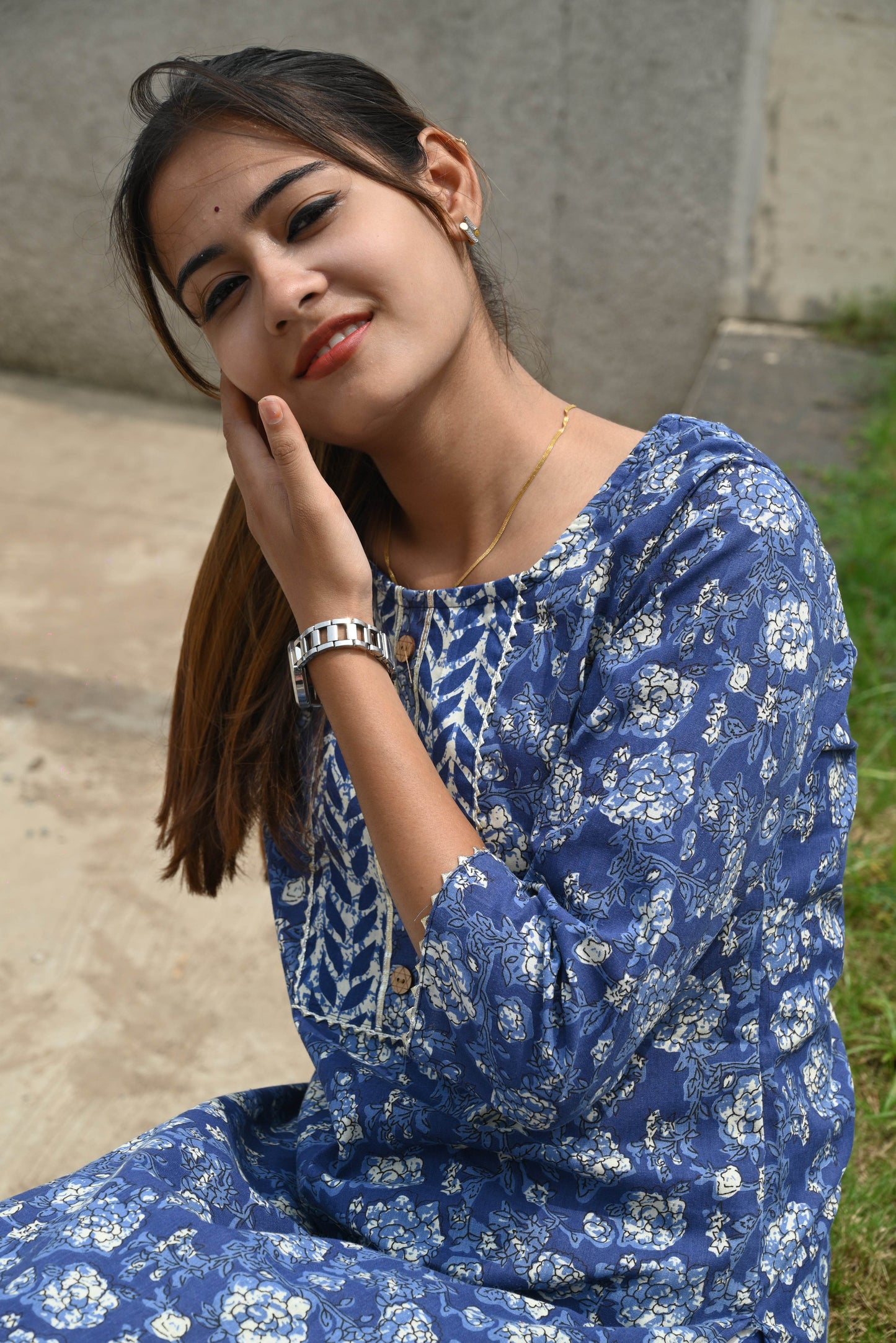 Indigo Cotton Jaipuri Kurti Pant Set - CandiRobes