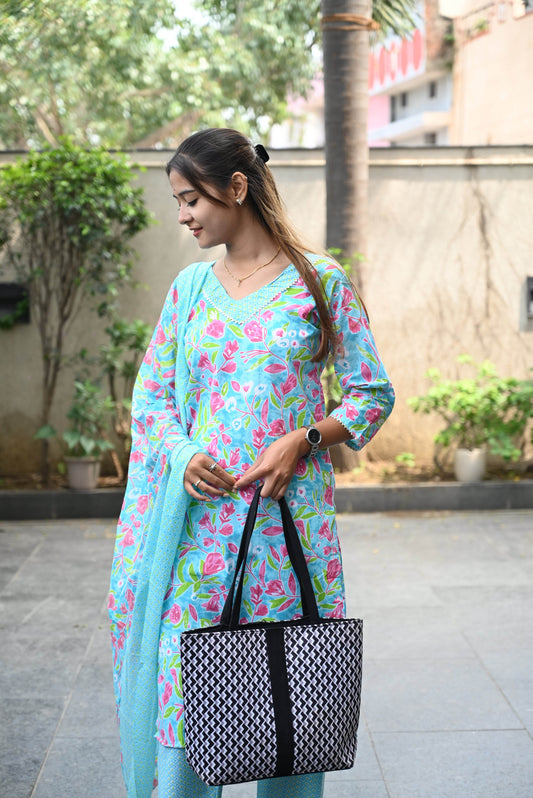Blue and pink cotton kurti pant dupatta set - CandiRobes