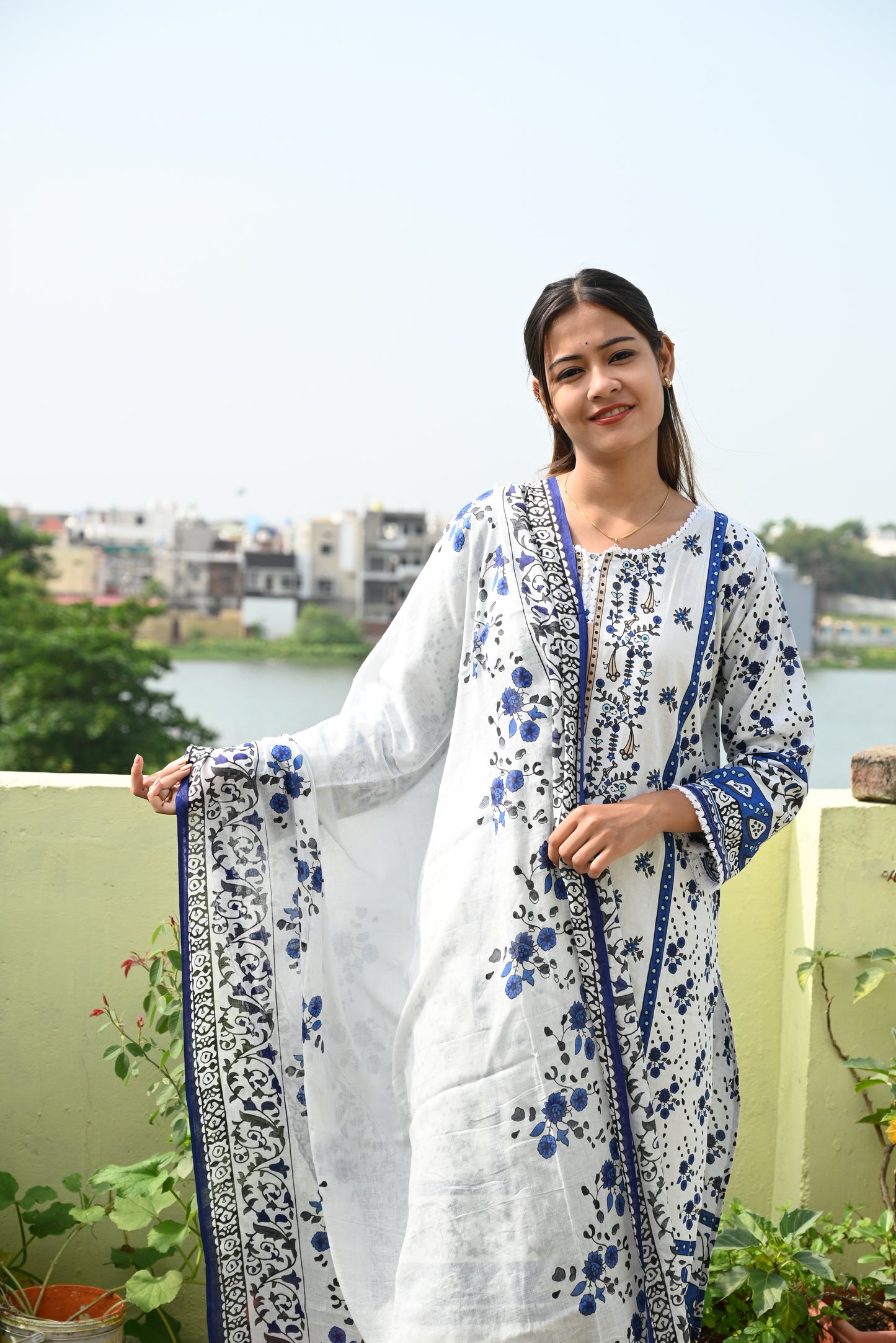 White & Blue Digital Print Kurti Pant Dupatta Set,