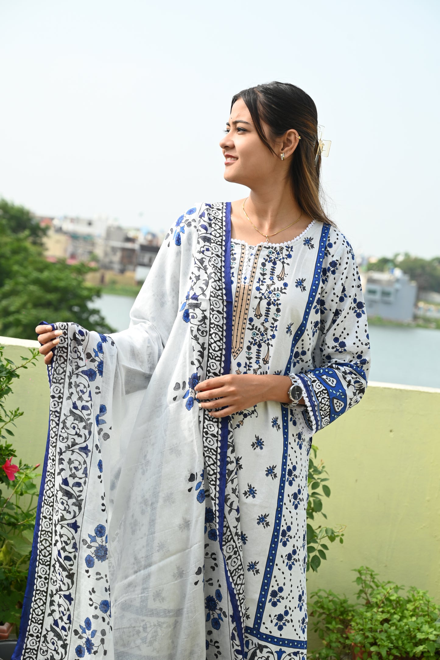 White & Blue Digital Print Kurti Pant Dupatta Set,