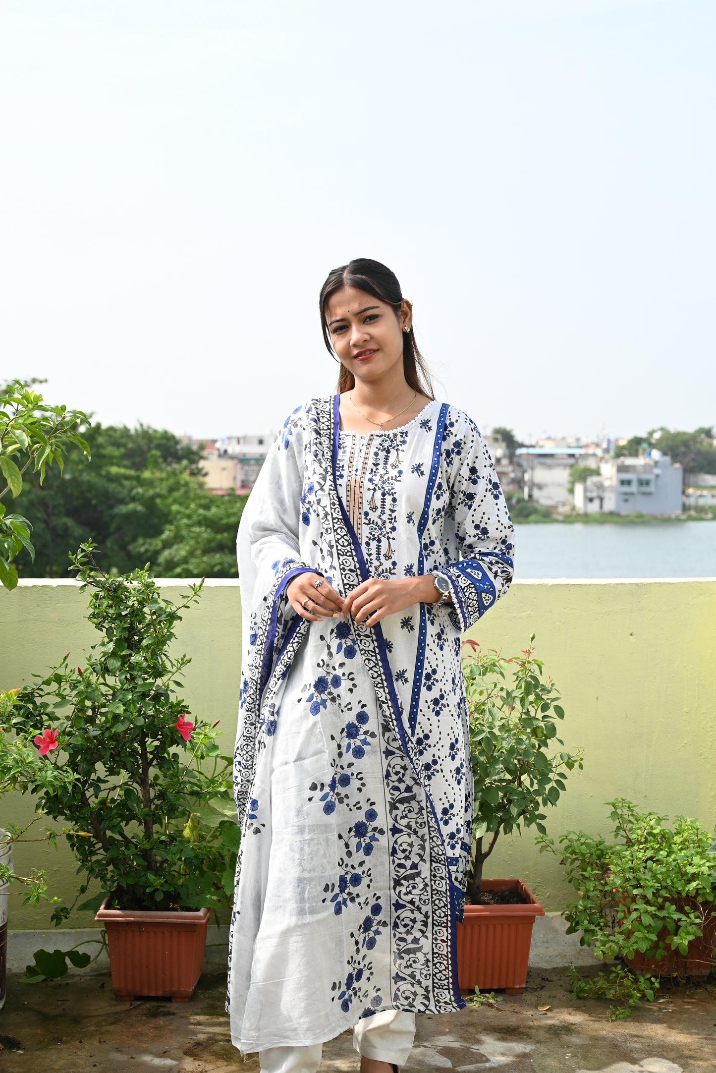 White & Blue Digital Print Kurti Pant Dupatta Set,