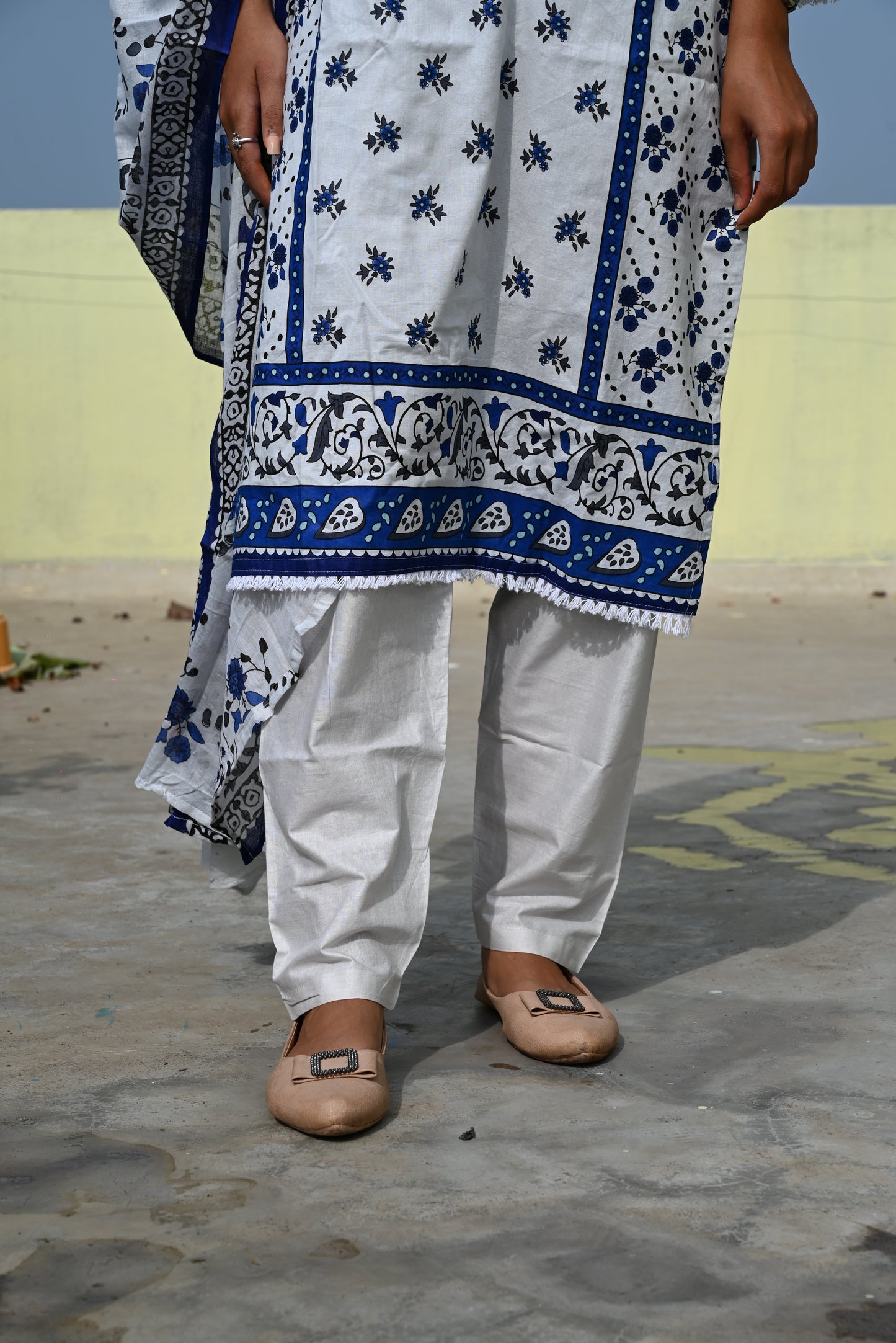 White & Blue Digital Print Kurti Pant Dupatta Set,