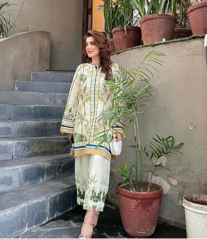 Off White Cream stylish turkish printed cord set for women - CandiRobes