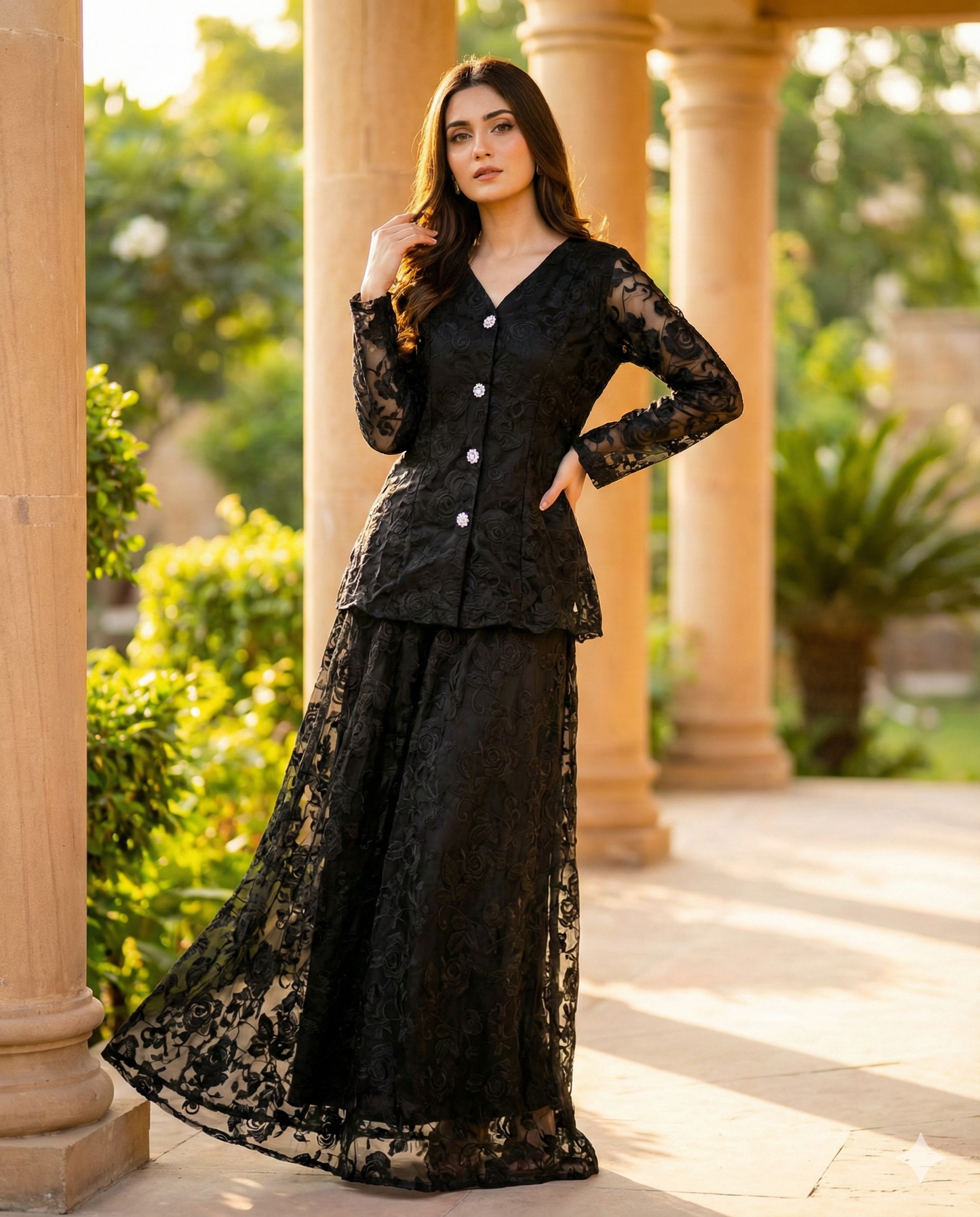 Rose Net Frock Skirt Set Black