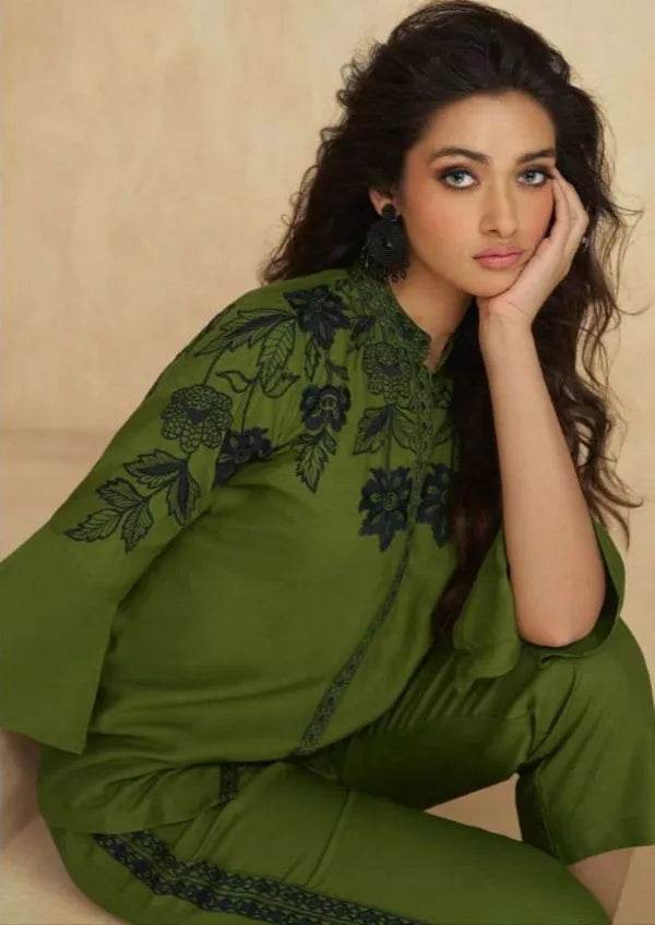 Green black embroadried stylish cord set for women - CandiRobes