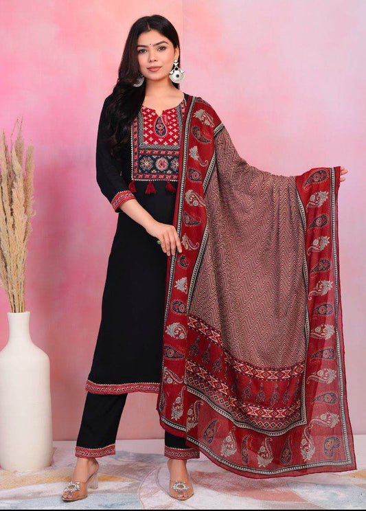 Black Jaipuri Cotton Kurti Pant Dupatta Set - CandiRobes