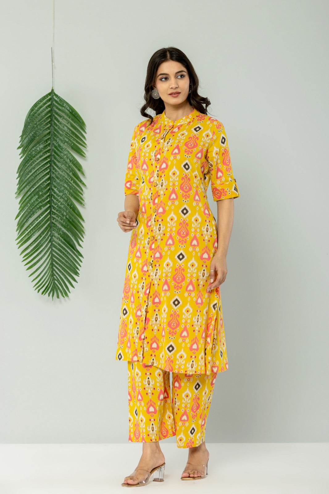 Yellow Batik Print Pure Cotton Kurti Pant Set For Women - CandiRobes