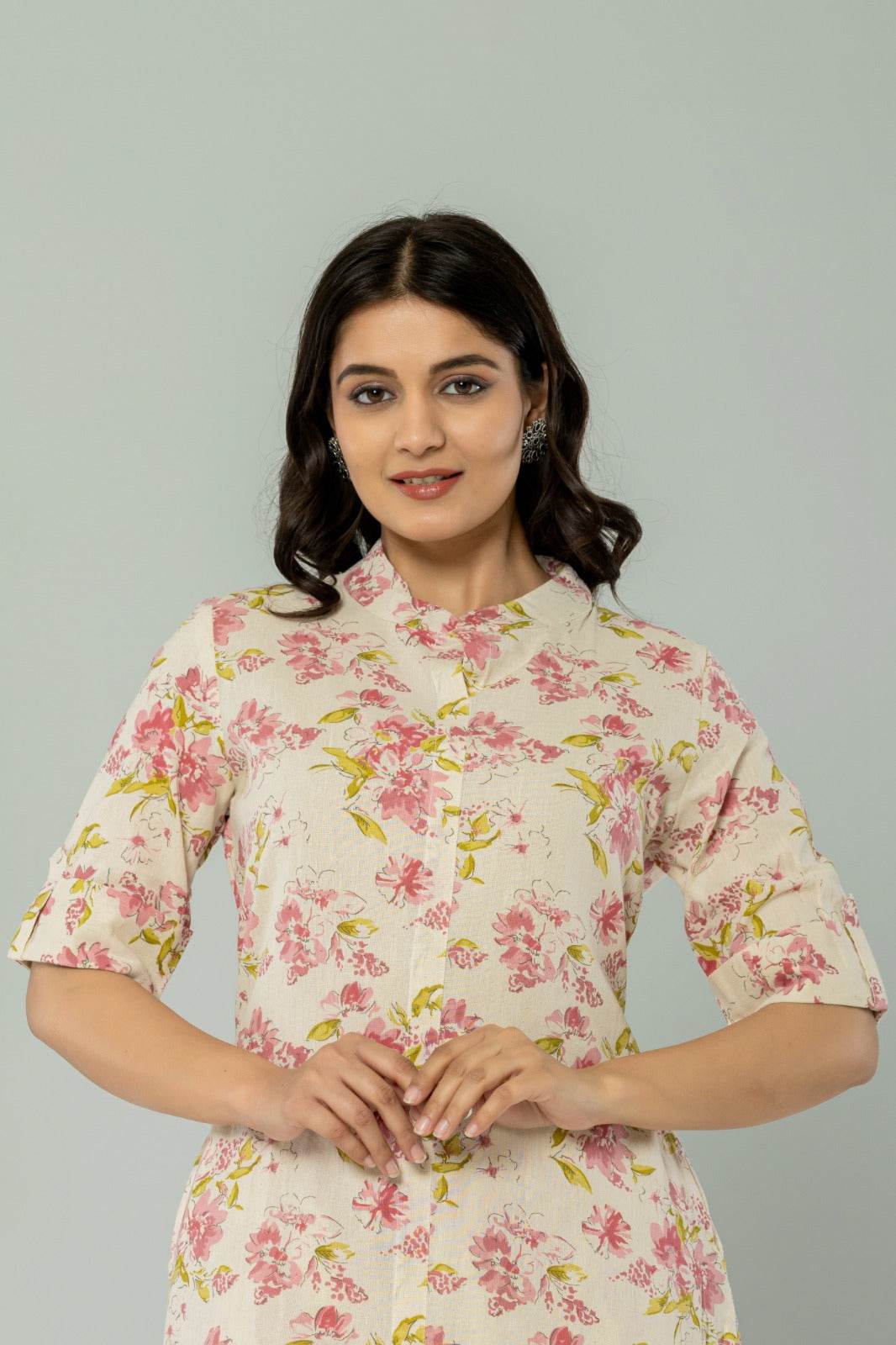 Cream Floral Khadi Cotton Flex Kurti Pant Dupatta Set For Women