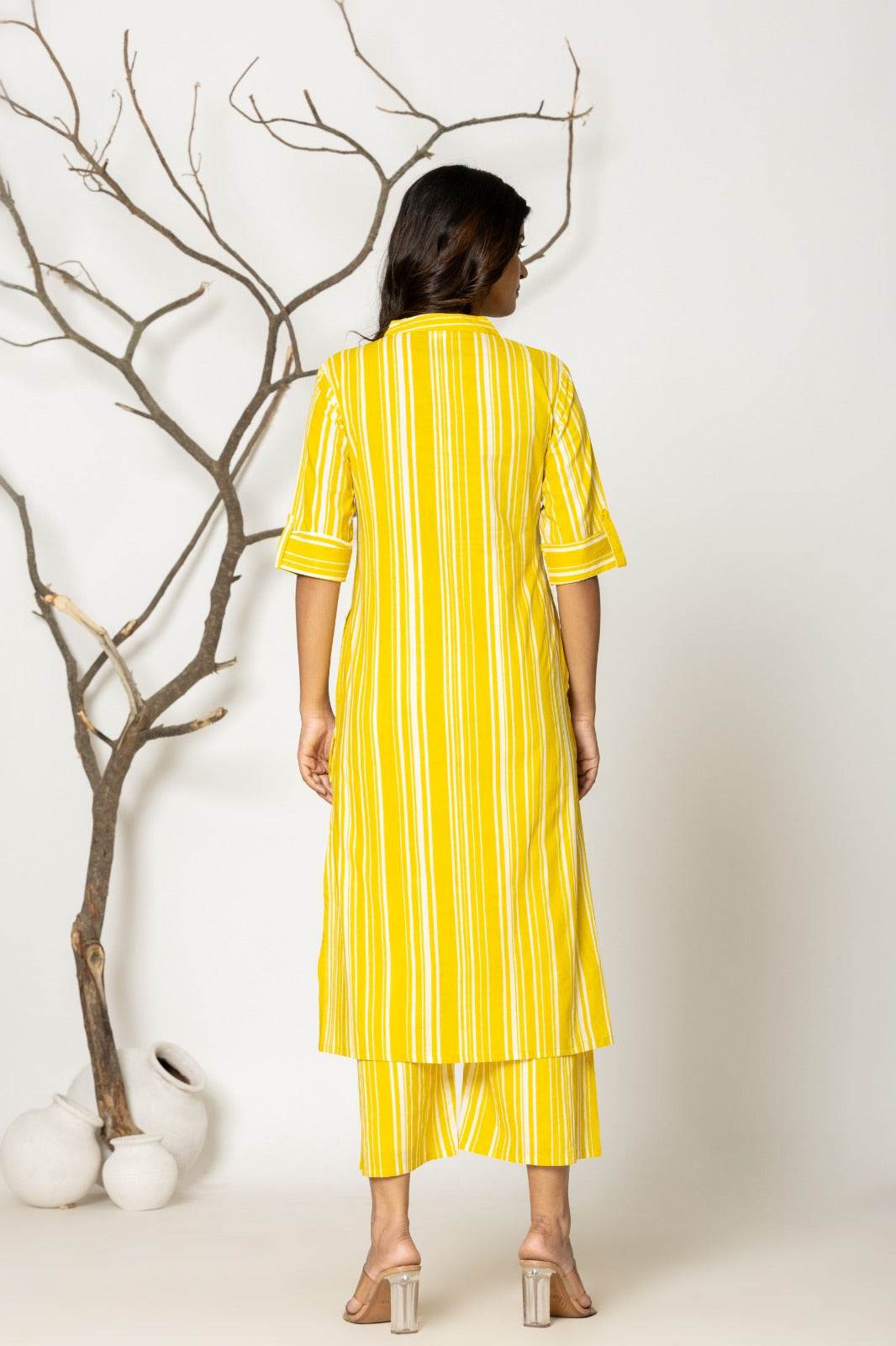 Yellow Formal Striped Cotton Kurta Set for Women - CandiRobes
