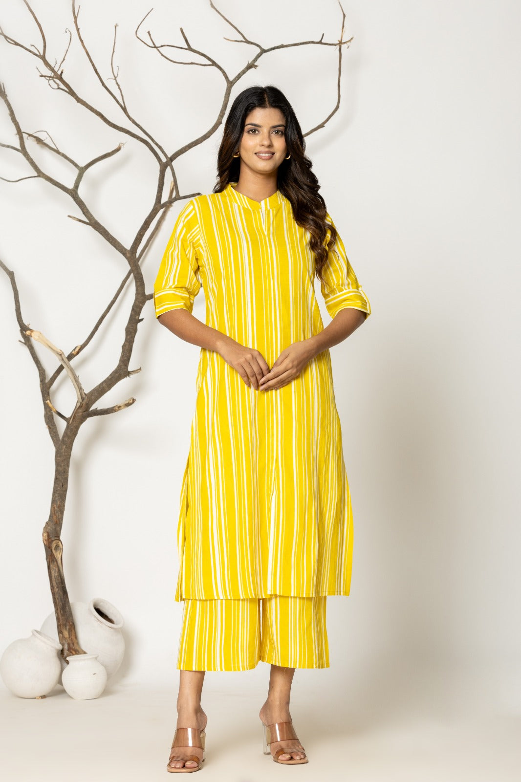Yellow Formal Striped Cotton Kurta Set for Women