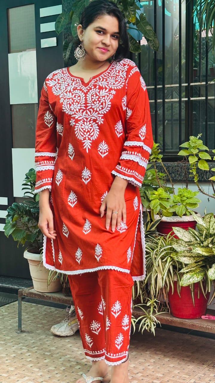 Surkh Ziya Burnt Orange Chikankari Co-ord set