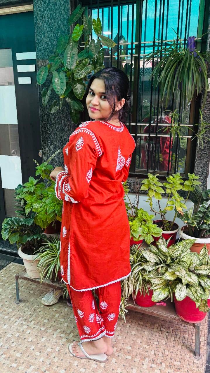 Surkh Ziya Burnt Orange Chikankari Co-ord set - CandiRobes