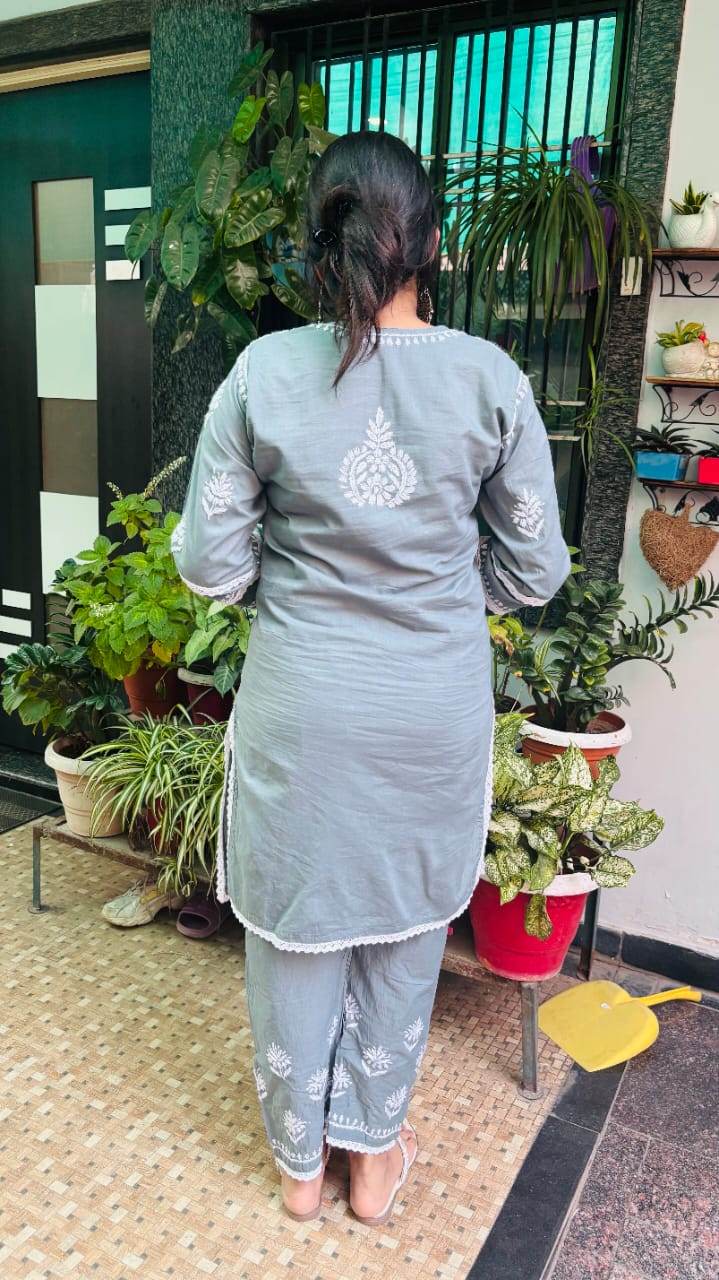 Ash Grey Chikankari Co-ord Set - CandiRobes