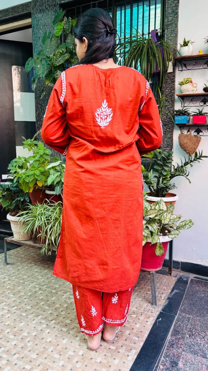 Rust Orange with White Thread chikankari Kurti Pant - CandiRobes
