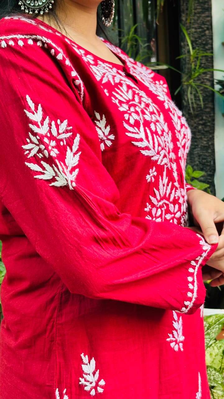Ruby Deep maroon with White Chikankari Embroidery kurti pant - CandiRobes