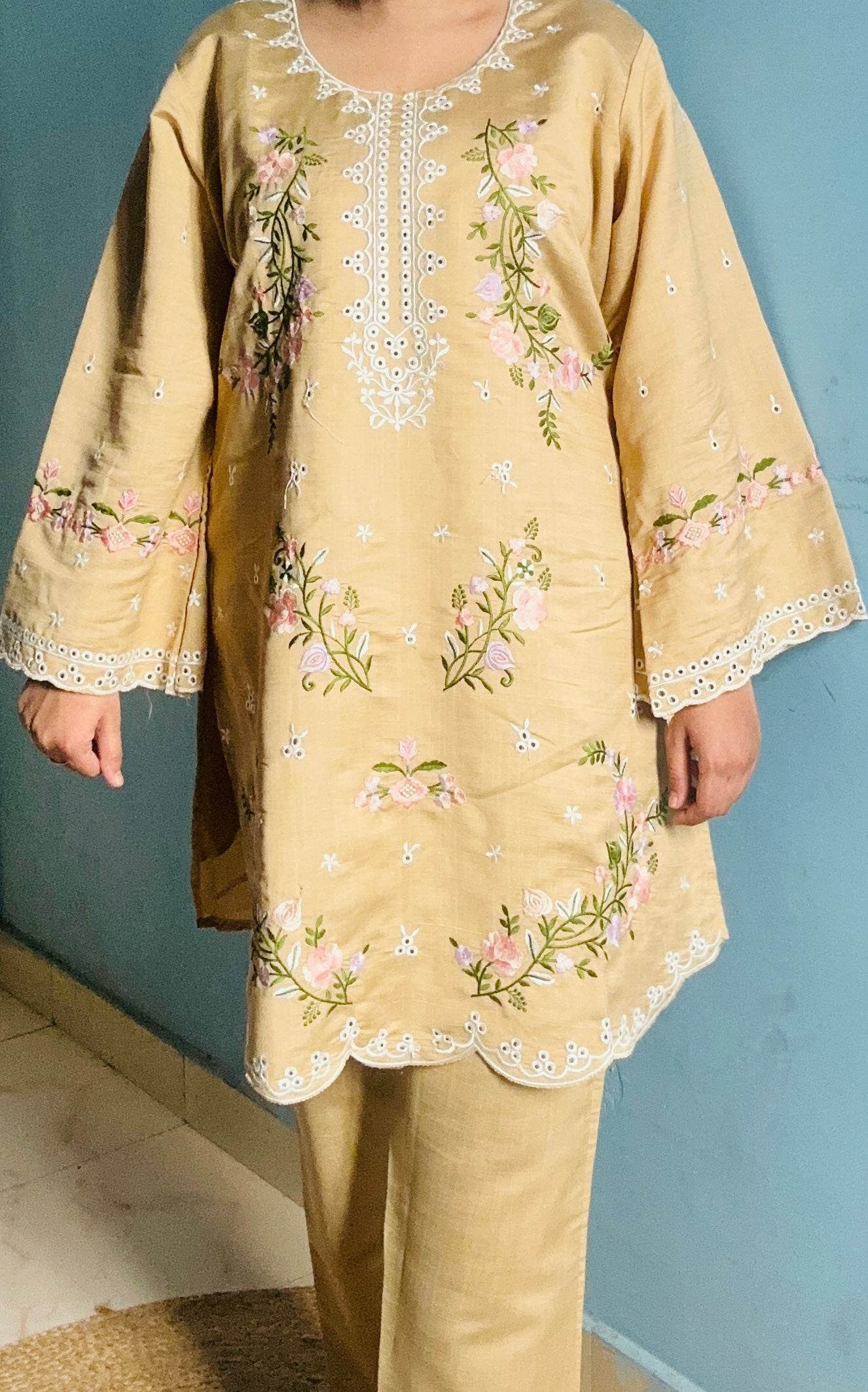 Light Brown with Pink & Green Floral Embroidery Pakistani Cord Set - CandiRobes