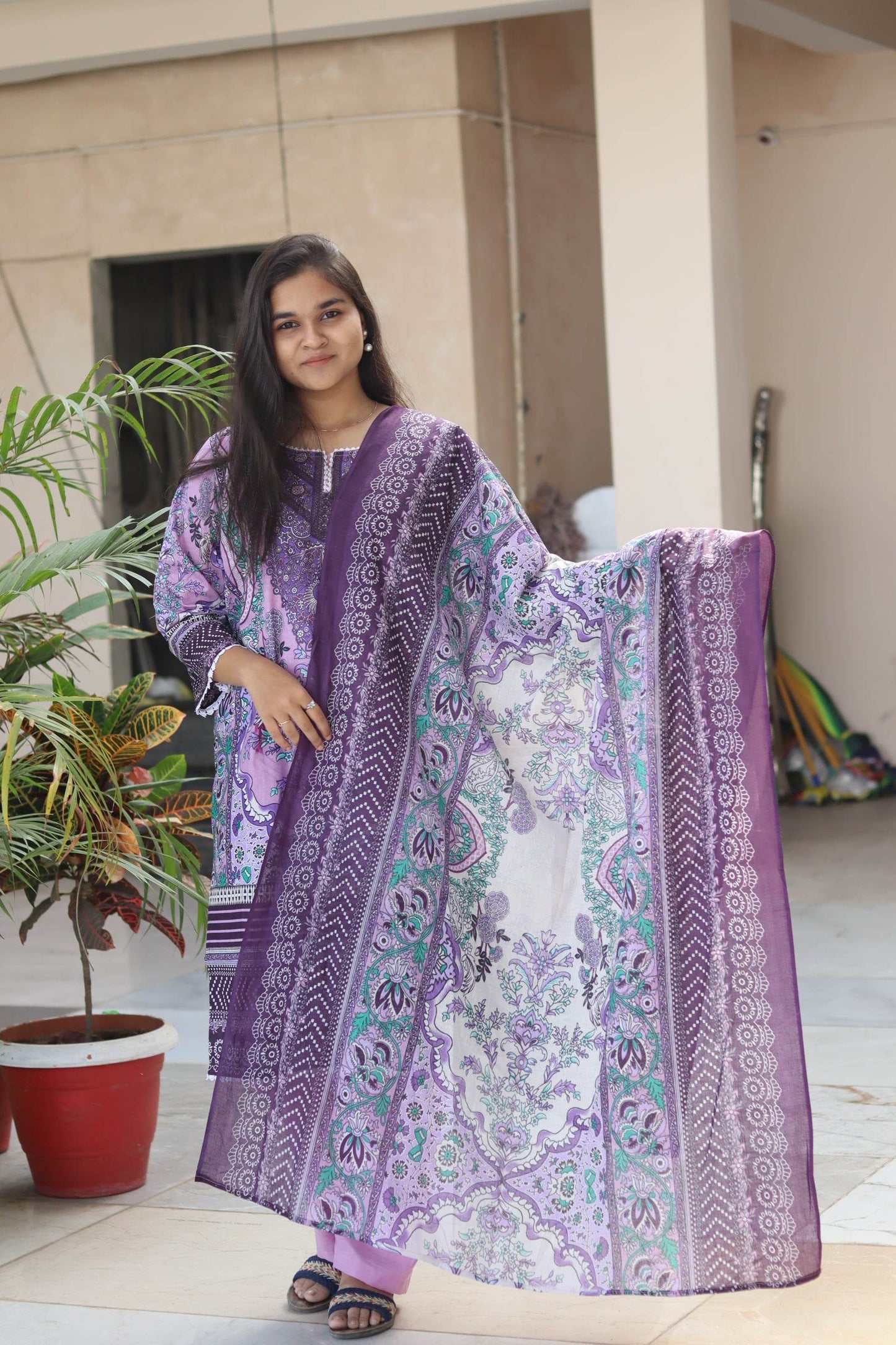 Lavender Digital Print Kurti pant dupatta Set - CandiRobes