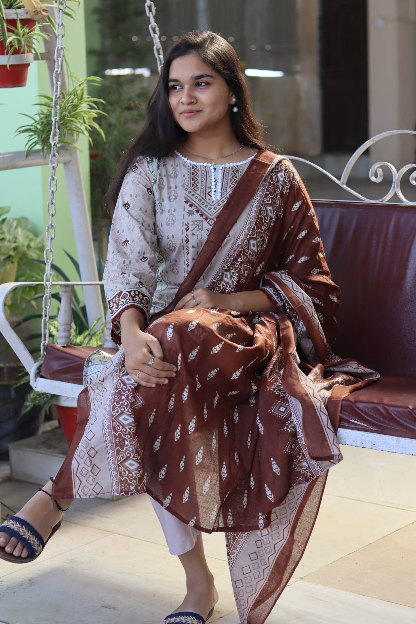 Coffee Digital Printed Cotton Kurti Pant Dupatta Set.