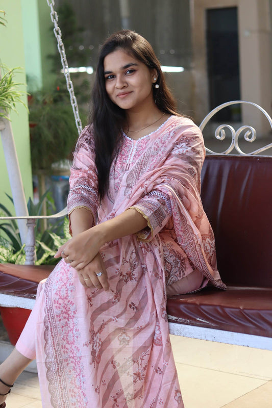 Cream cotton kurti pant dupatta set