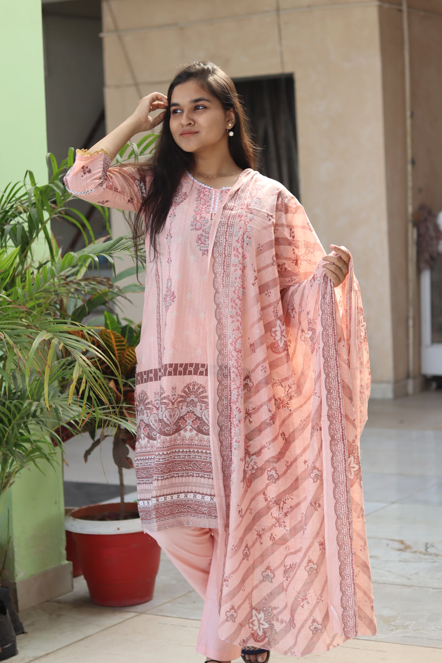 Cream Digital Print Kurti Pant Dupatta Set