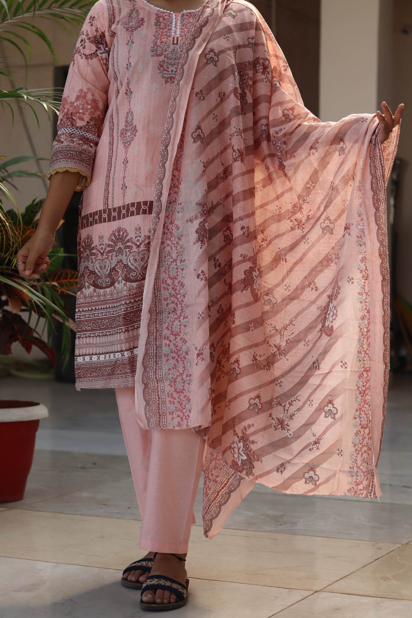 Cream cotton kurti pant dupatta set