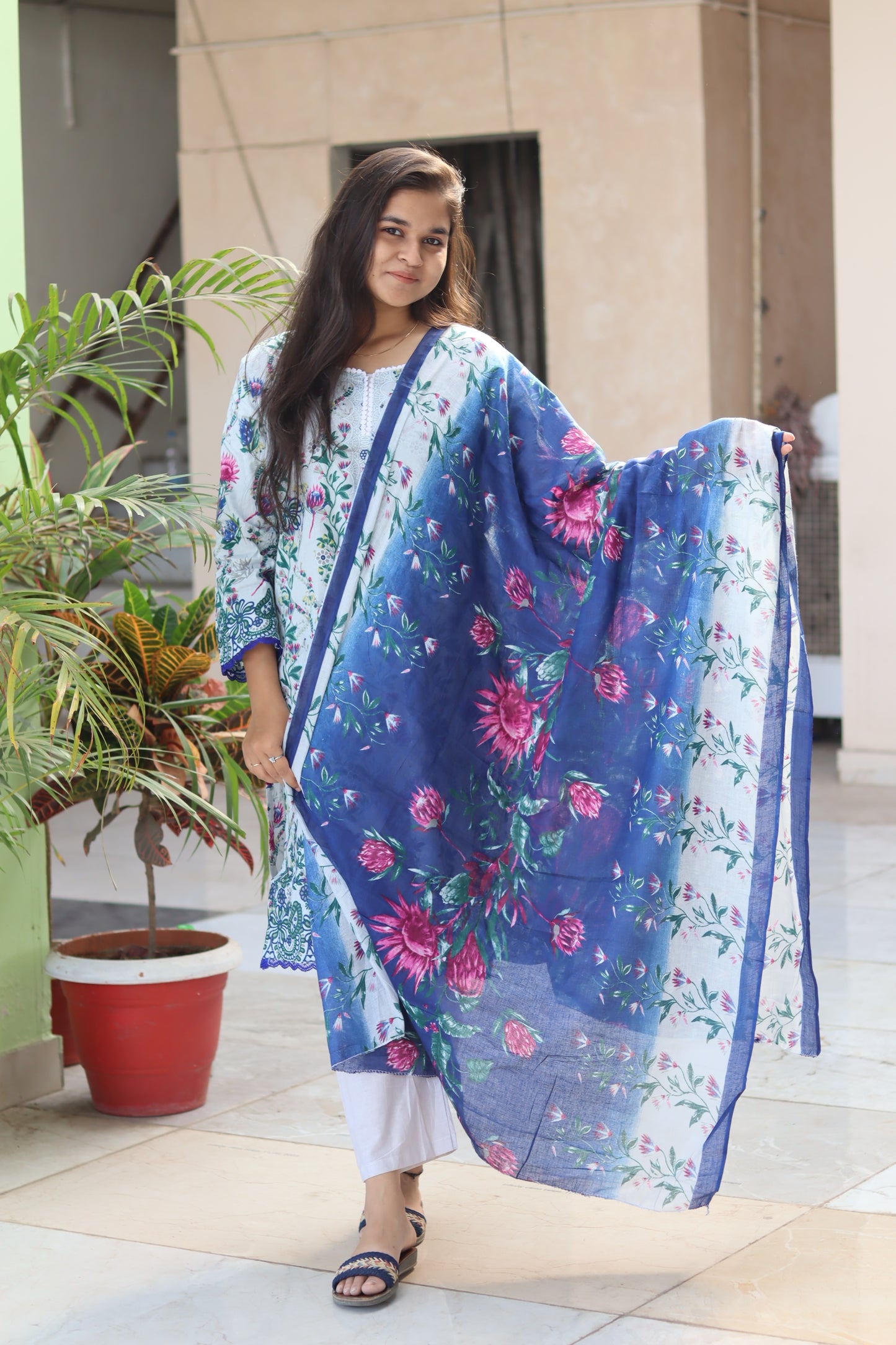 Gulnaar soft white Digital printed cotton kurta pant dupatta set