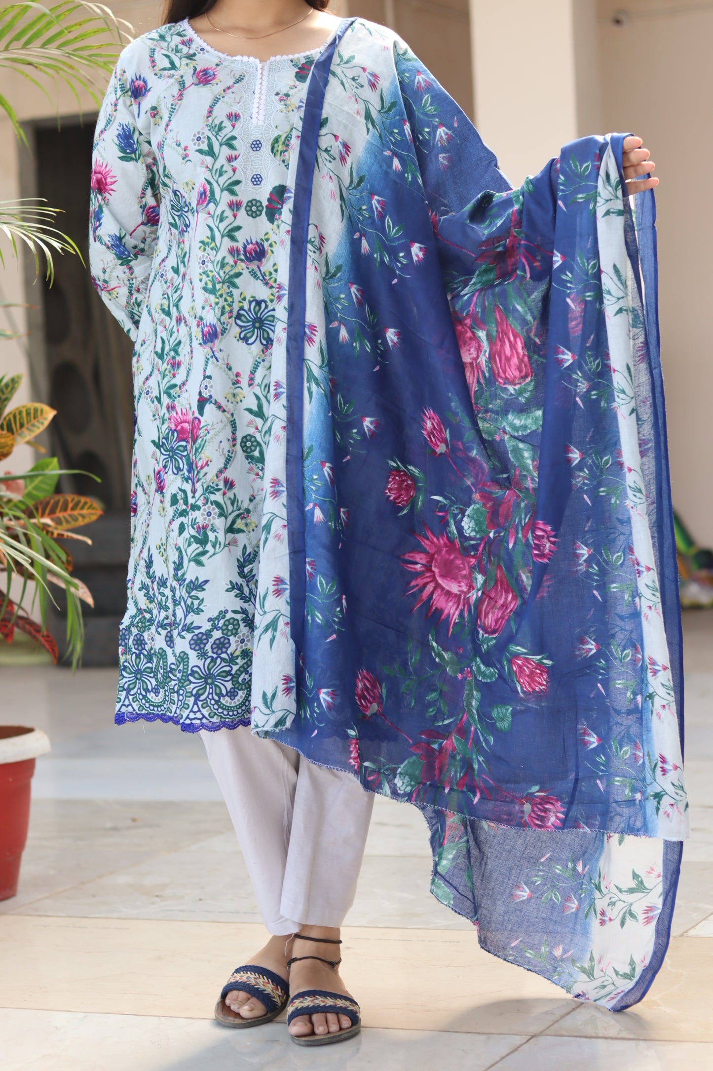 Gulnaar soft white Digital printed cotton kurta pant dupatta set