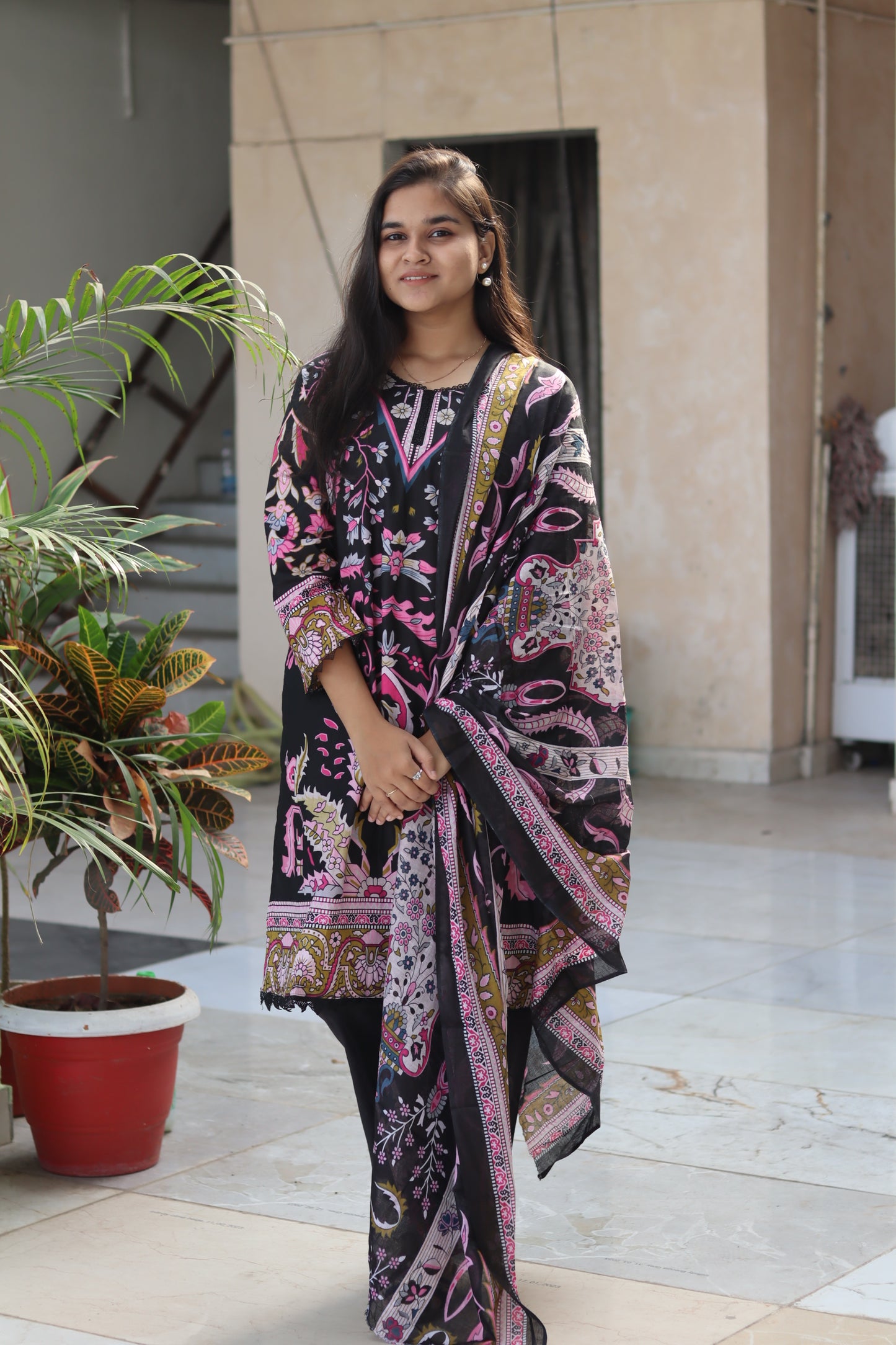 Black & Pink Digital Print Kurti Pant Dupatta Set