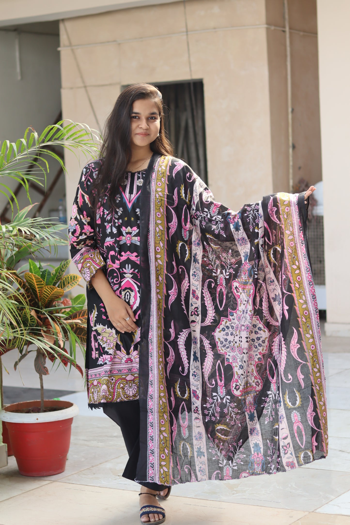 Black & Pink Digital Print Kurti Pant Dupatta Set