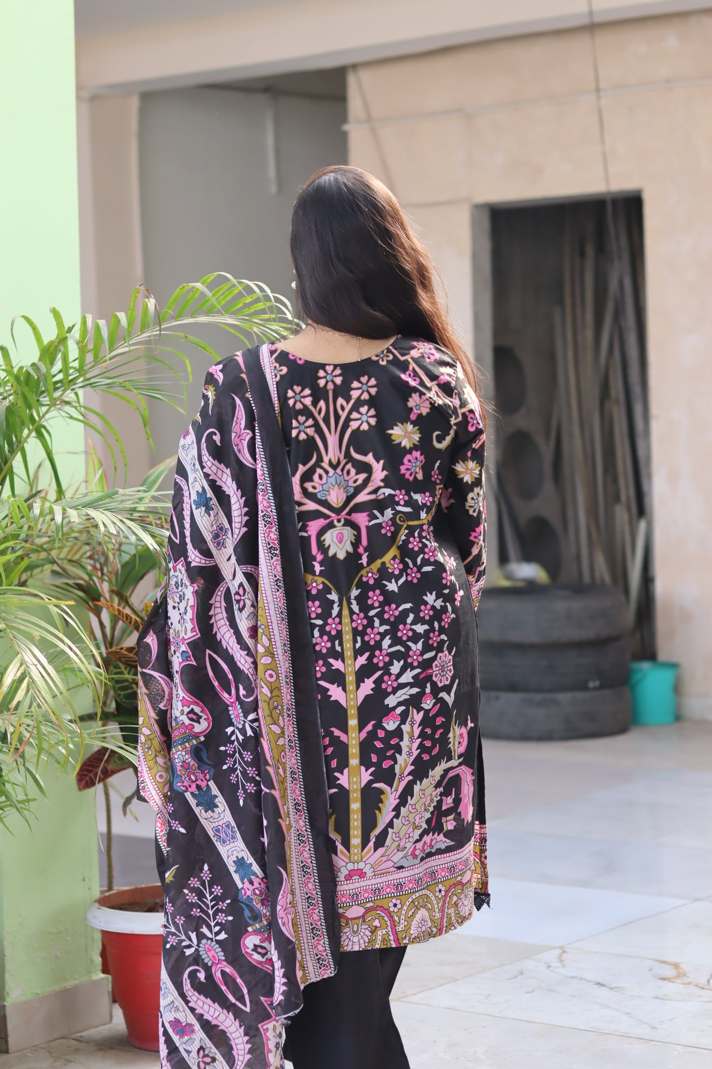 Black & Pink Digital Print Kurti Pant Dupatta Set