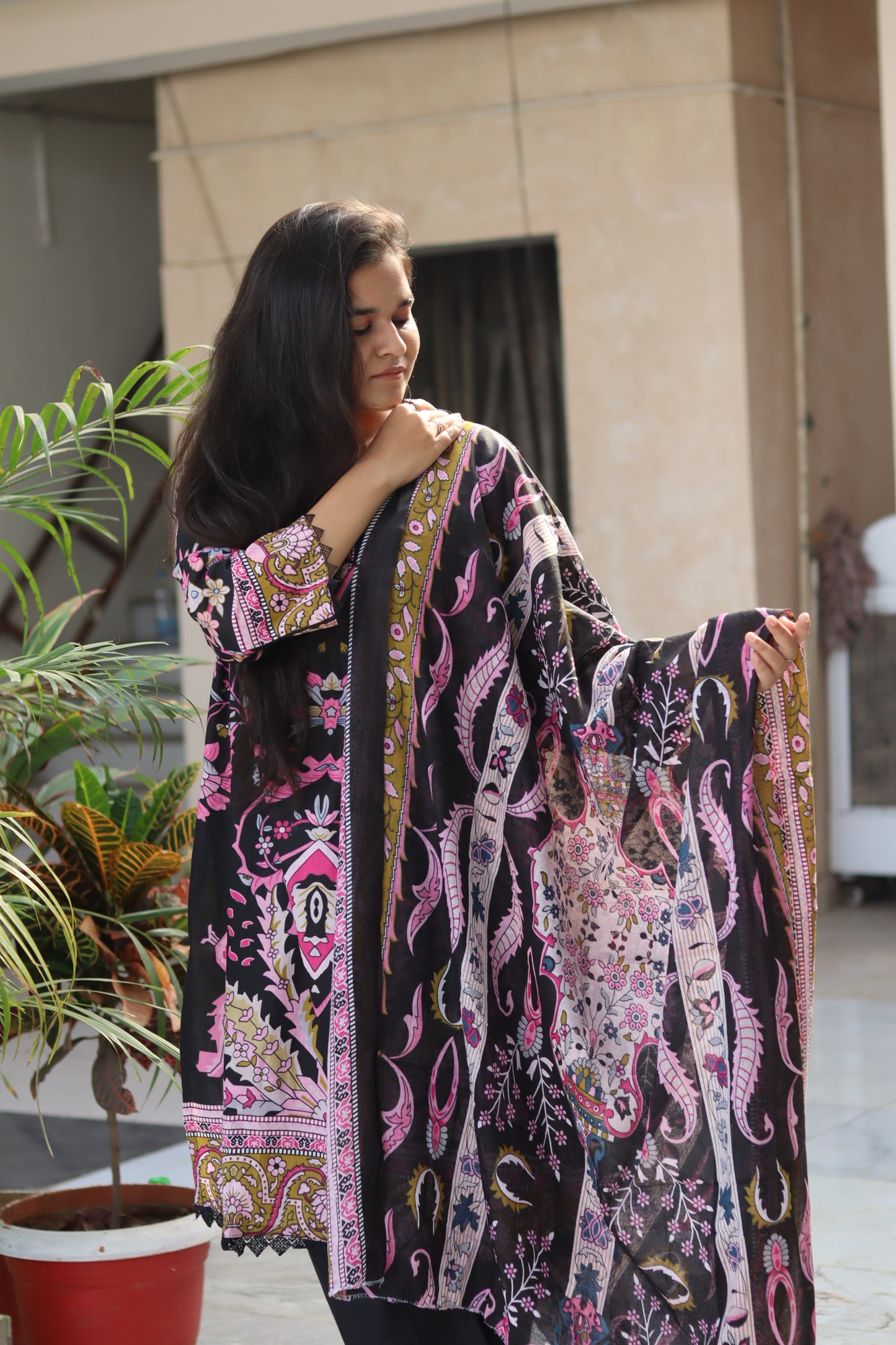 Black & Pink Digital Print Kurti Pant Dupatta Set