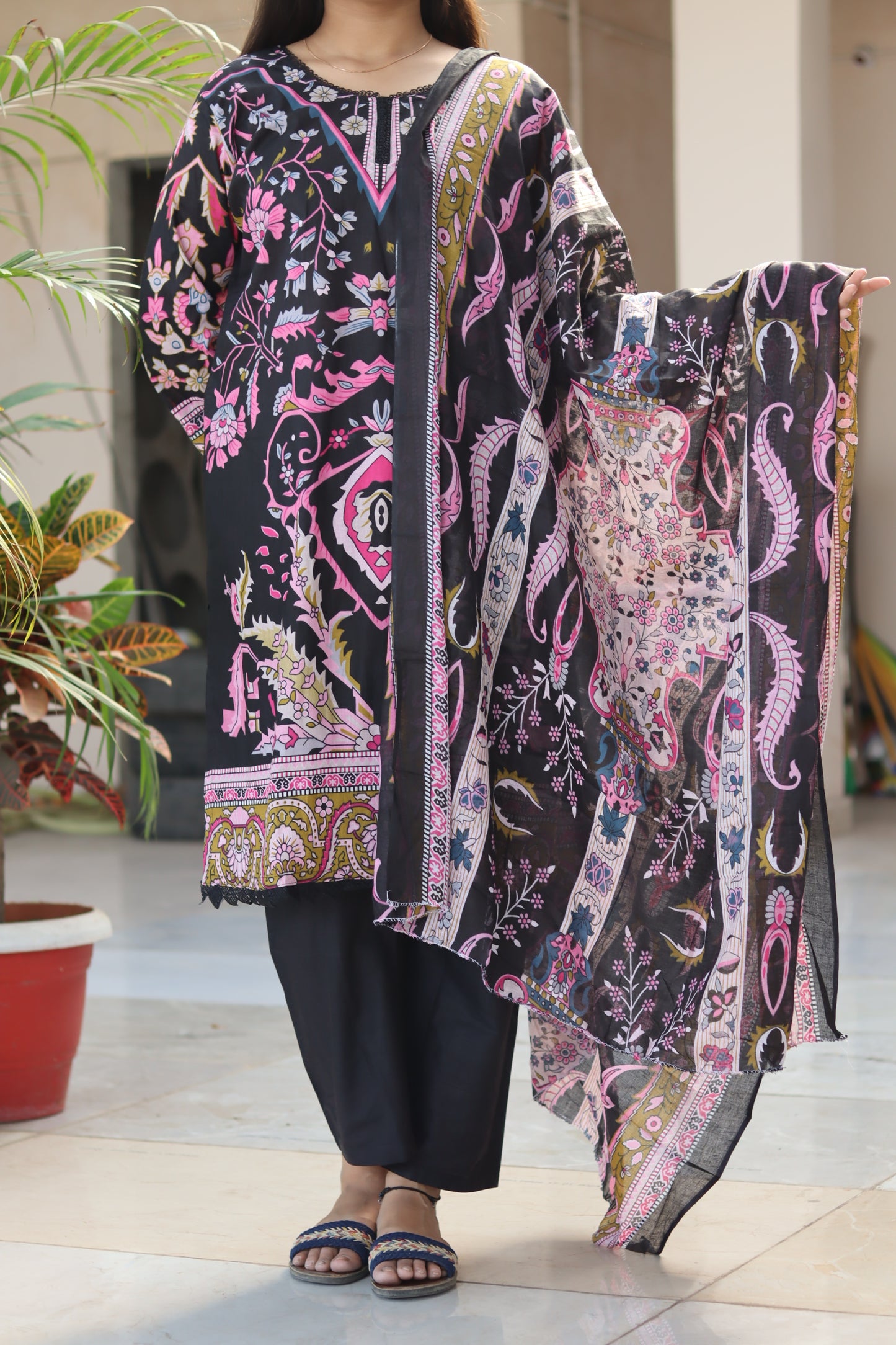 Black & Pink Digital Print Kurti Pant Dupatta Set
