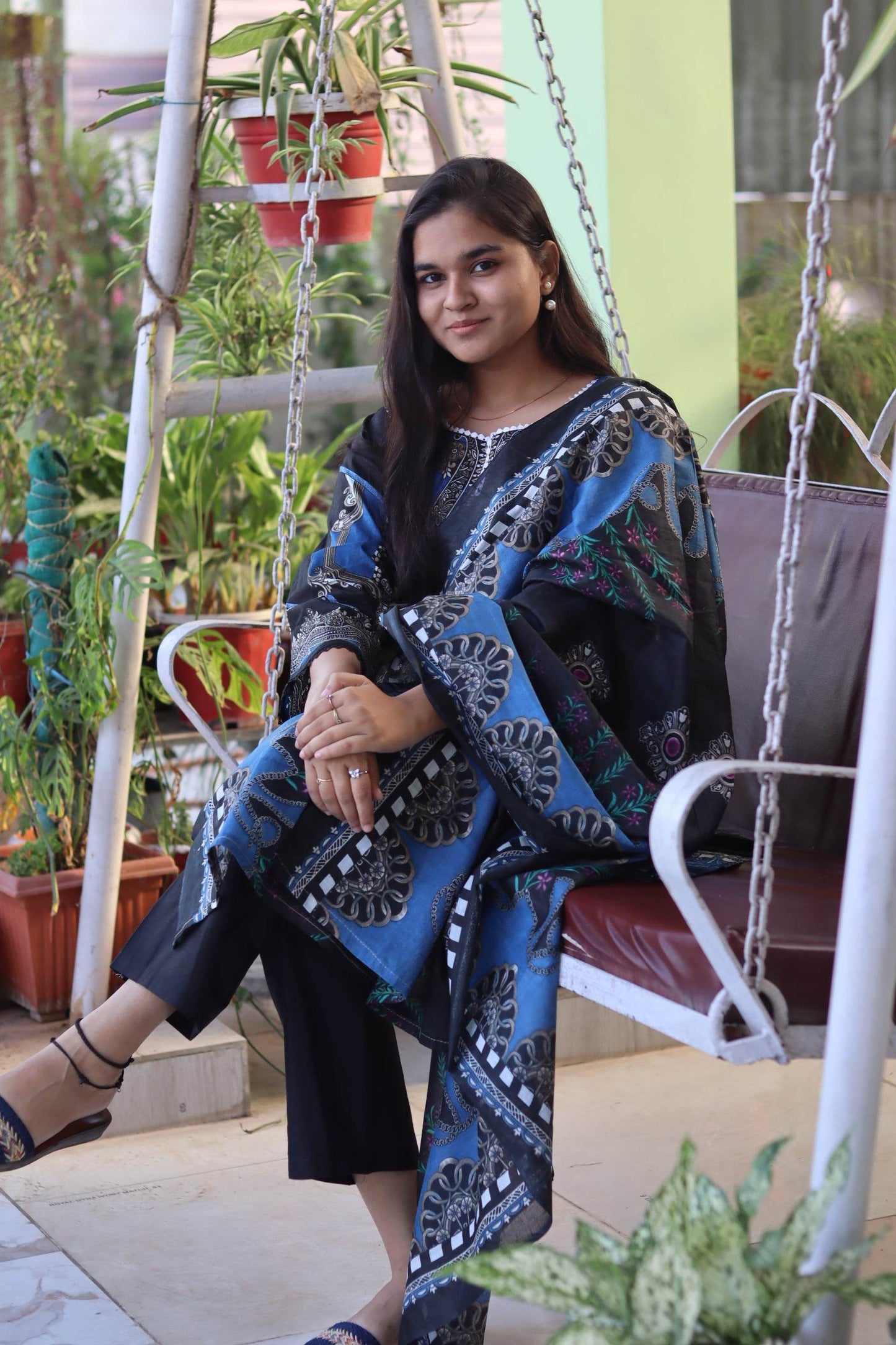 Noor Midnight Bloom Digital printed cotton kurta pant dupatta set - CandiRobes