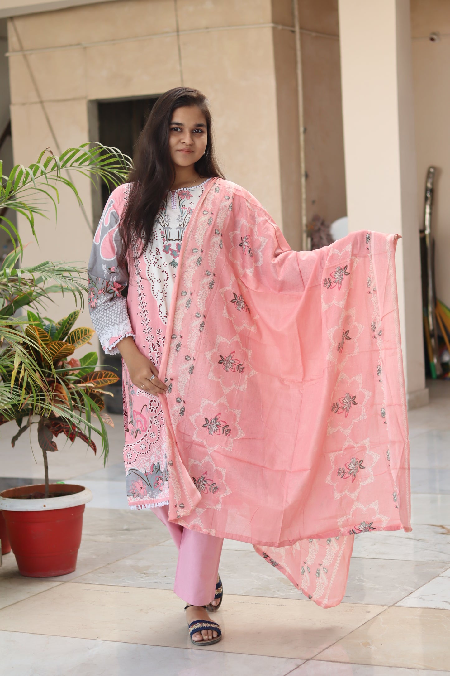 Peach Digital Print Kurti Pant Dupatta Set