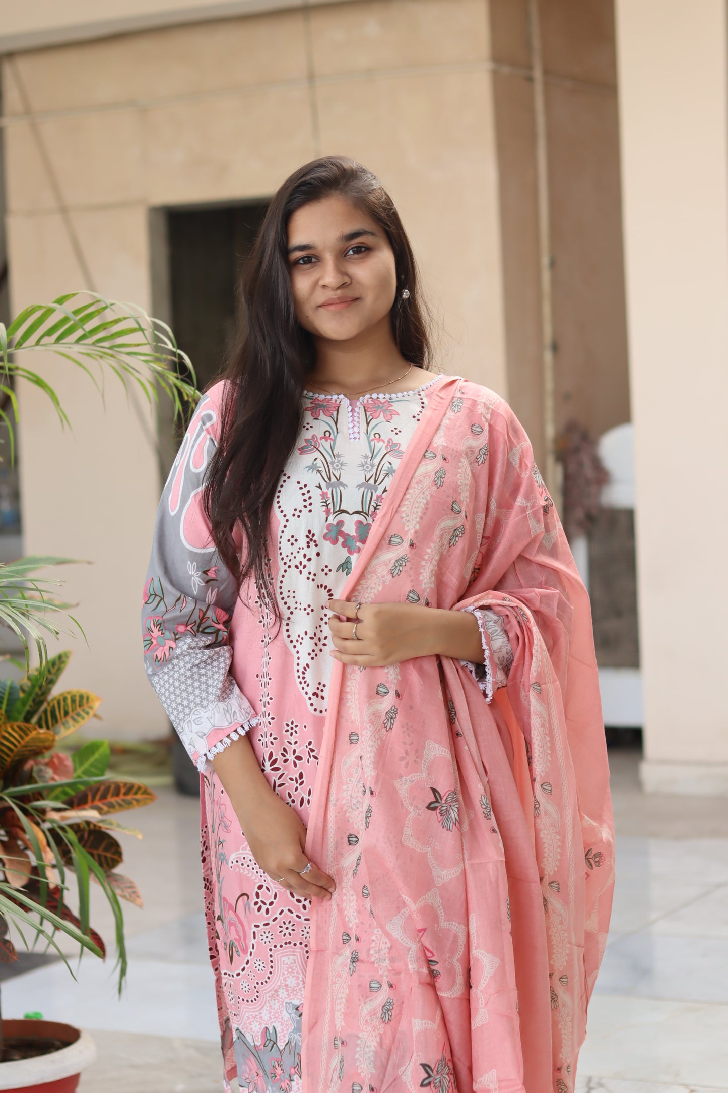 Peach Digital Print Kurti Pant Dupatta Set