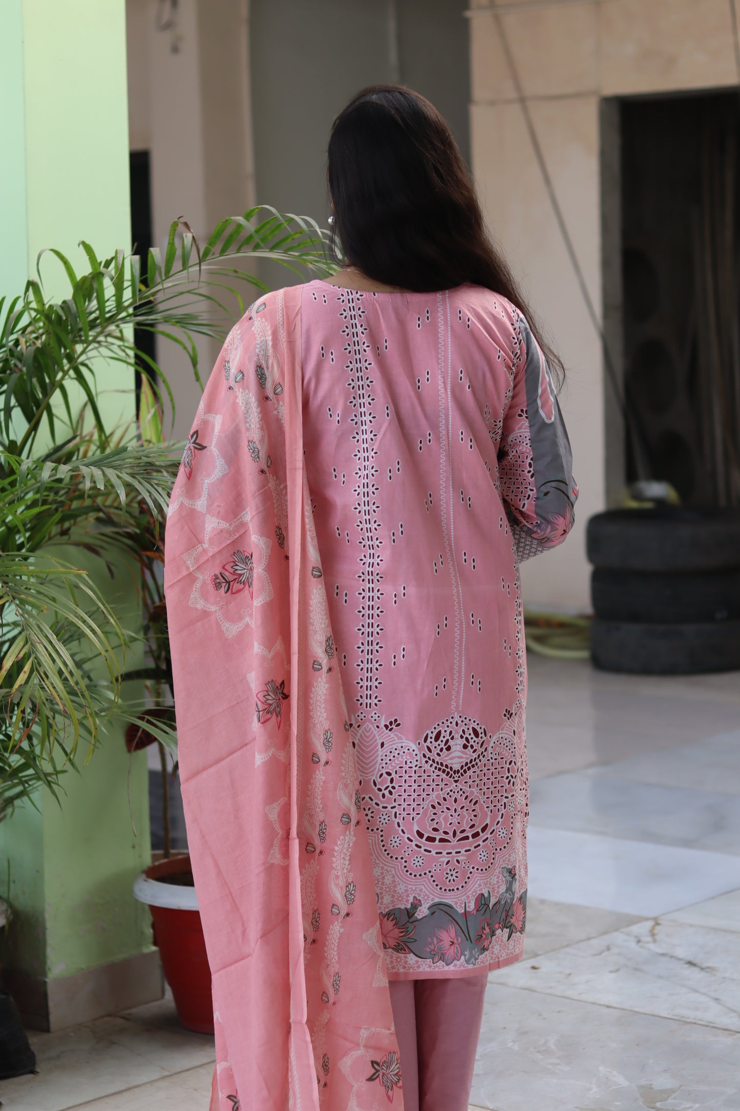 Peach Digital Print Kurti Pant Dupatta Set